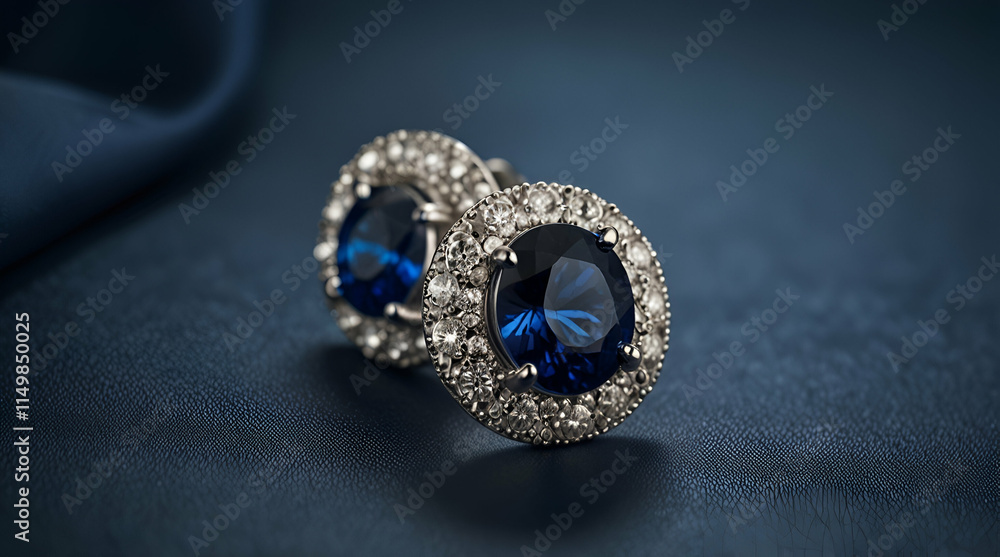 Pair of platinum earring with sapphire on blue satin background. Luxury female jewelry, close-up,generative.ai
Pair of platinum earring with sapphire on blue satin background. Luxury female jewelry, close-up,generative.ai