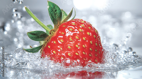 Strawberry Splash:  A vibrant red strawberry, glistening with dew drops, takes a refreshing plunge into a pool of water, creating a captivating visual of juicy freshness and summery delight. photo