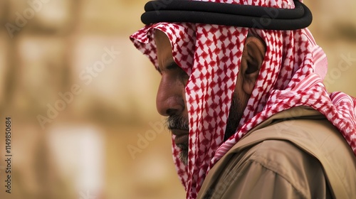 A dignified Saudi Arabian man in traditional dress, with a poised and confident stance, reflecting the deep-rooted cultural heritage of the region.