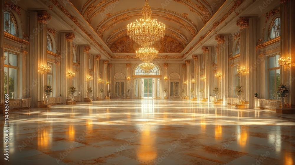 Obraz premium Grand palace hall, ornate gold, gleaming floor.