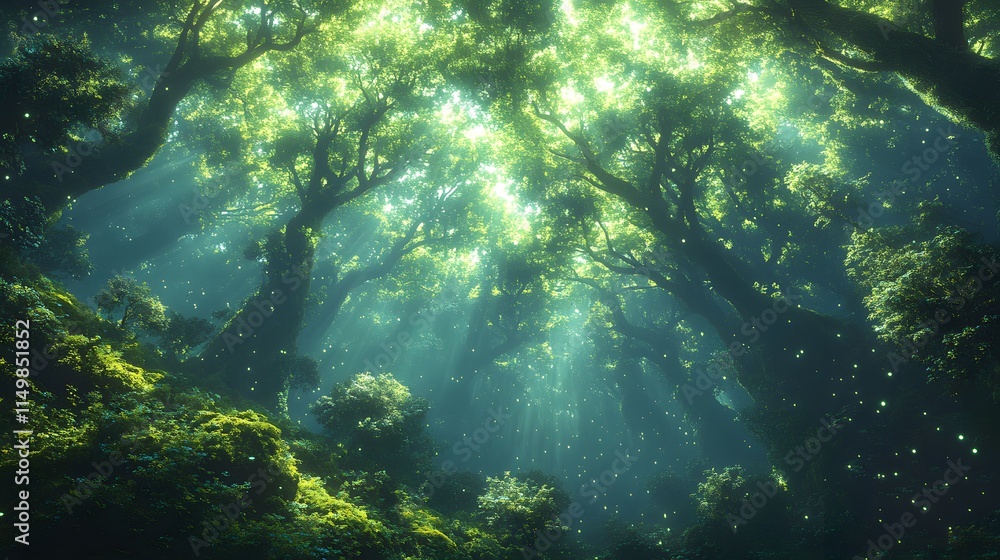 Obraz premium Magical Forest Sunlight, Trees, and Glowing Particles