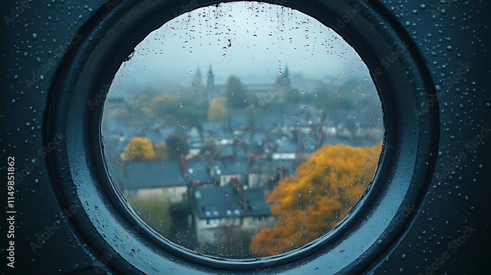 Rainy day view of a town through a round window with raindrops. Rainy day view of a town through a round window with raindrops.