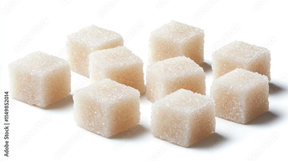 Nine white sugar cubes scattered on a white background. Nine white sugar cubes scattered on a white background.