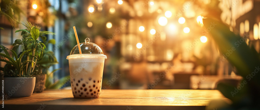 Boba tea on wooden table in cafe. Boba tea on wooden table in cafe.