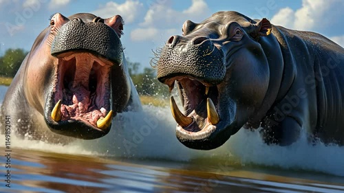 Two hippos are fighting in the water. One of them has a mouth full of teeth. The other one is trying to bite the first one