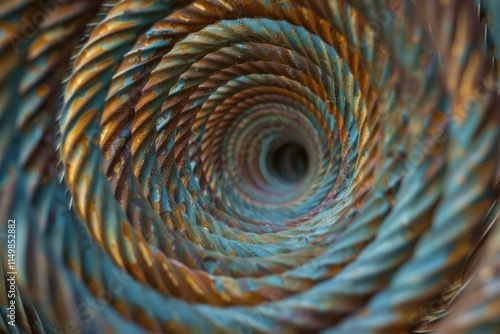 Rusty metal cable forming concentric circles and creating a tunnel effect