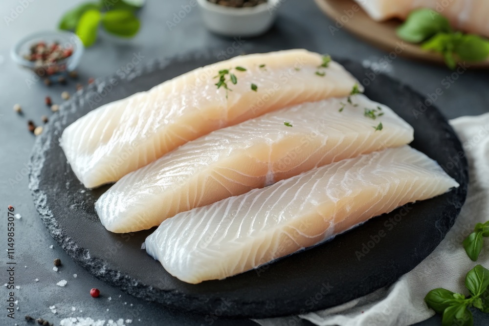 Sea Bass Fillet on a Plate. Tender and Tasty Sea Bass Dish in Salty Sea Environment Sea Bass Fillet on a Plate. Tender and Tasty Sea Bass Dish in Salty Sea Environment