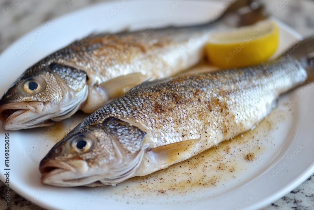 Sea Bass Fillet on Plate. Tender and Tasty Sea Bass, Delicious Seafood Dish Sea Bass Fillet on Plate. Tender and Tasty Sea Bass, Delicious Seafood Dish