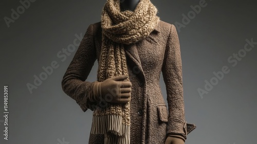 Elegant brown coat displayed with a knitted scarf and gloves against a dark background photo