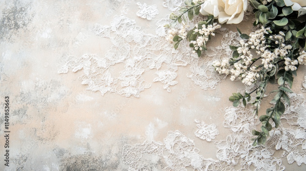 Fototapeta premium Elegant beige background with white lace and roses.