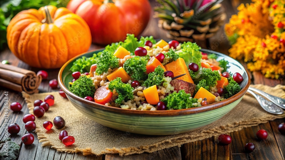 Vibrant Autumn Kale & Quinoa Salad with Pumpkin & Cranberries - Double Exposure Stock Photo Vibrant Autumn Kale & Quinoa Salad with Pumpkin & Cranberries - Double Exposure Stock Photo
