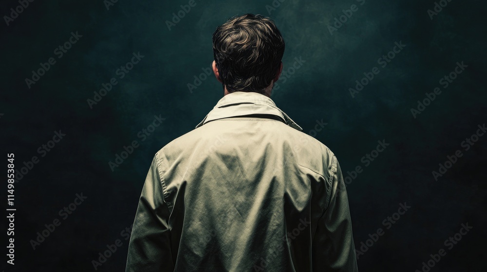 A man in an olive green jacket stands with his back to the camera against a dark background lighting and sharp focus. A man in an olive green jacket stands with his back to the camera against a dark background lighting and sharp focus.