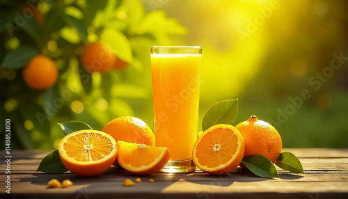 This image showcases a vibrant and refreshing scene featuring freshly cut oranges and a glass of orange juice on a rustic wooden surface. The bright sunlight filters through a lush green background of