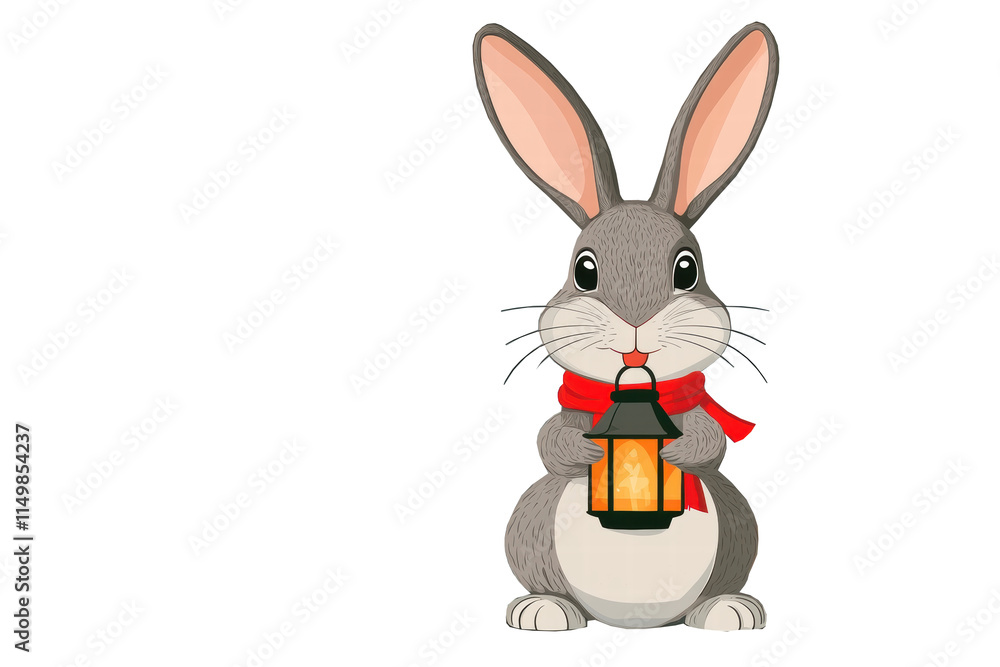 Obraz premium Cute rabbit holding lantern, wearing red scarf, perfect for festive themes