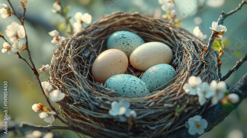 Bird nest with speckled eggs among spring blossoms. Delicate, natural, and perfect for Easter, spring, and wildlife themes. Soft, serene scene. photo