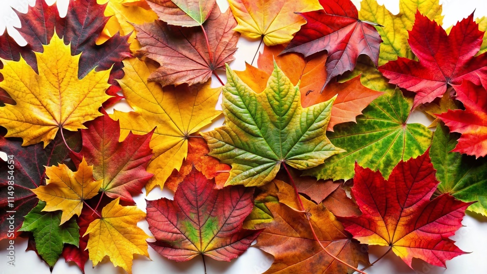 Vibrant Autumn Leaves Arranged Against Pure White Background - Stock Photo Vibrant Autumn Leaves Arranged Against Pure White Background - Stock Photo