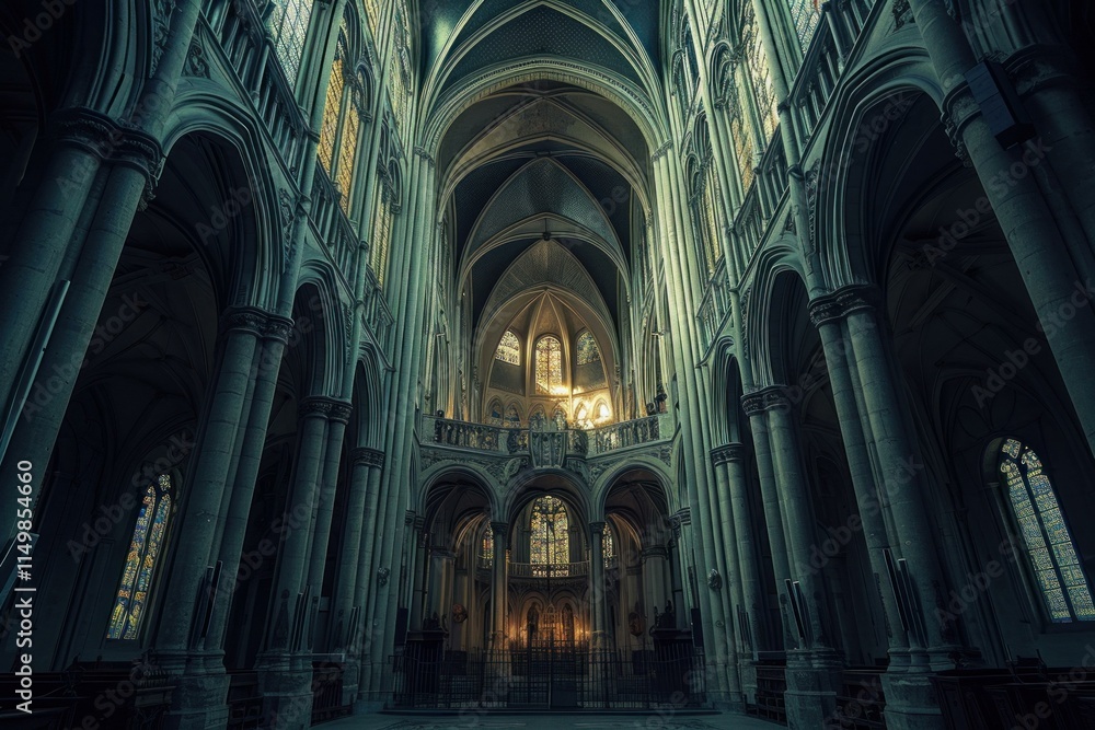 Fototapeta premium Tranquil ambiance inside a grand gothic cathedral with ornate architecture, illuminated by evening light