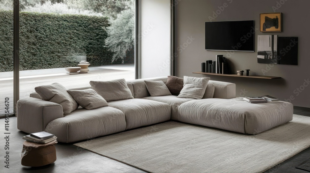 Fototapeta premium Modern beige sectional sofa in contemporary living room with large windows, TV, and wooden accents.