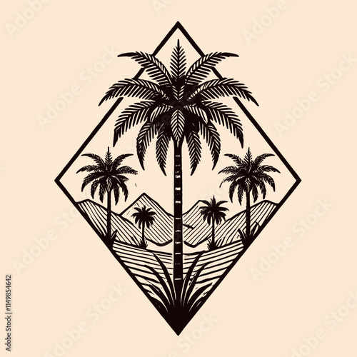 Black and white palm tree ink illustration in a geometric frame