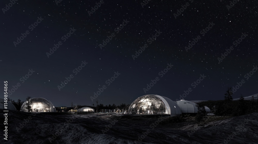 Naklejka premium Illuminated geodesic domes under a starry night sky, nestled in a rocky landscape.