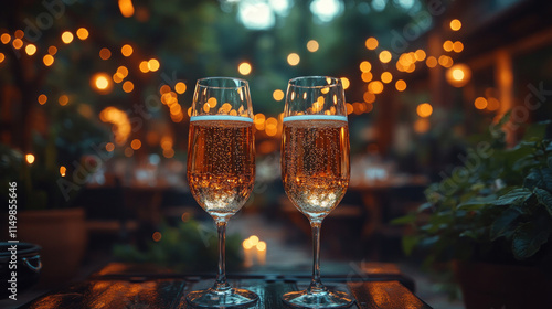 A graduation party in a backyard with string lights, music, and graduates toasting with sparkling drinks