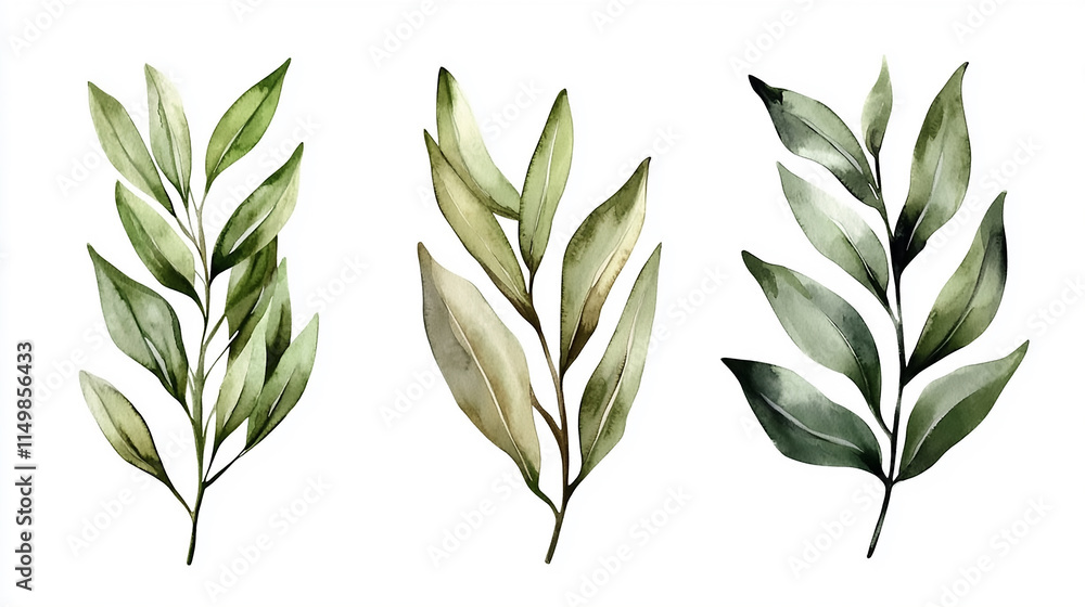 Hand drawn watercolor illustration. Spring leaves and branches. Floral design elements. Perfect for invitations, greeting cards, blogs, posters Hand drawn watercolor illustration. Spring leaves and branches. Floral design elements. Perfect for invitations, greeting cards, blogs, posters