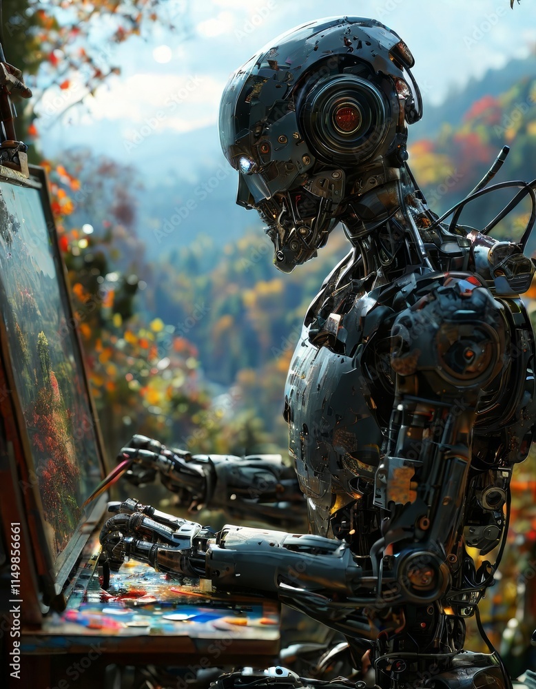 Fototapeta premium A futuristic humanoid robot is seen painting an artistic landscape in a vibrant natural environment. The juxtaposition of advanced robotics and artistic creativity creates a thought-provoking scene
