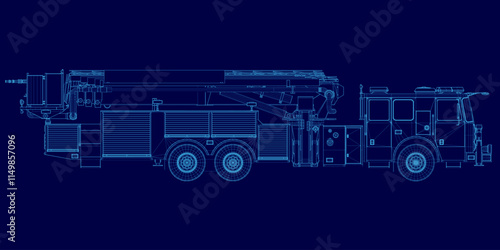 Fire engine truck or firetruck car vector wireframe, firefighter vehicle. Firefighting lorry, fireman emergency rescue, transport, side view flat car with classic siren alarm and water tank hose