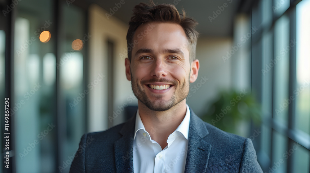 Fototapeta premium portrait of successful businessman consultant looking at camera and smiling inside modern office building