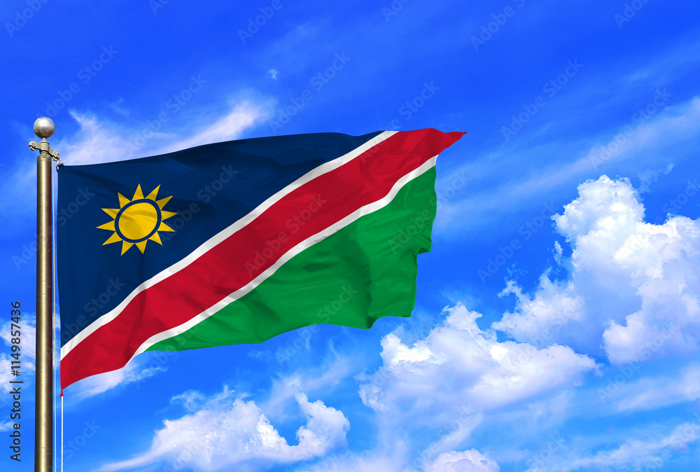 Vibrant Flag of Namibia Waving Against a Clear Blue Sky Vibrant Flag of Namibia Waving Against a Clear Blue Sky