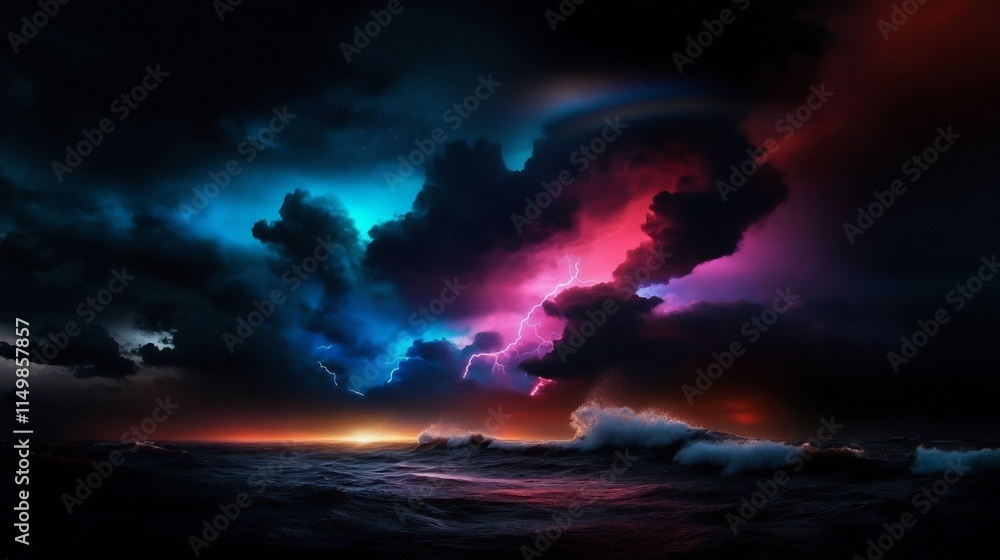 Fototapeta premium Dramatic Ocean Storm at Night with Vibrant Lightning