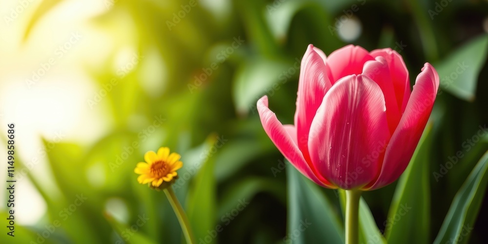 Naklejka premium A single pink tulip in bloom, bathed in sunlight, with a small yellow flower in the soft-focus background.