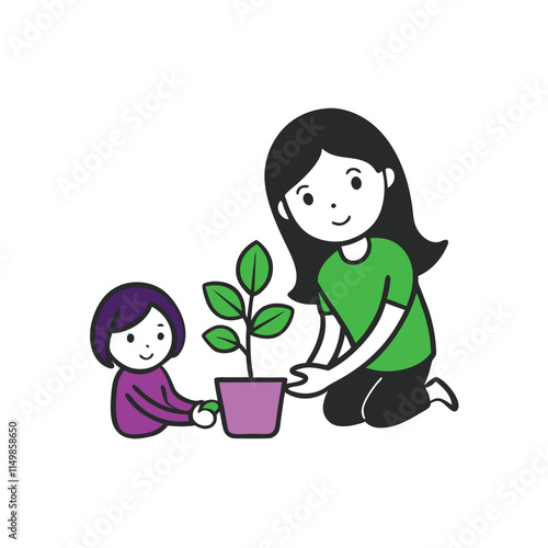 Mother and Daughter Planting a Tree Together.