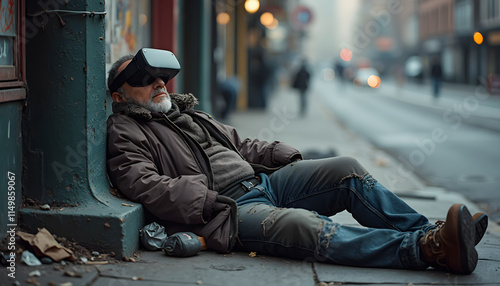 Homeless man rests on sidewalk wearing virtual reality headset in urban setting during early morning hours