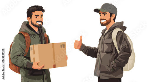 The image shows two smiling men involved in a delivery service. One man is carrying a cardboard box, while the other gives a thumbs-up gesture. Both men are wearing backpacks and casual jackets, sugge