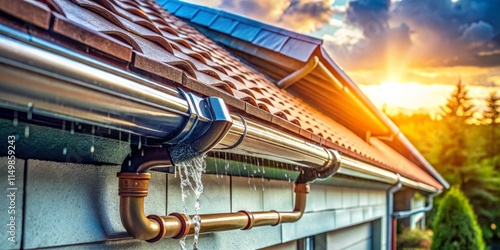 Close-Up Rain Gutter & Downspout: House Roof Drainage System Detail