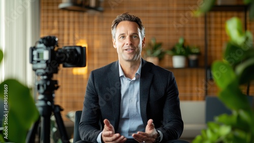 Professional man speaking in front of a camera with green plants in the background.