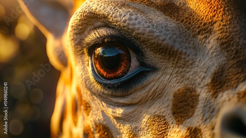 Giraffe's eye is shown in a close up, with the sun shining on it. The eye is brown and has a dark brown iris. The giraffe's fur is brown and spotted photo