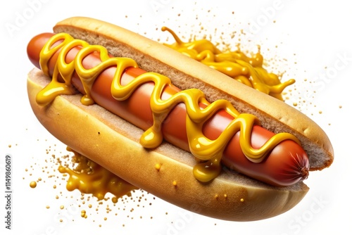 Delicious Hot Dog with Mustard - Action Shot, Food Photography, High-Resolution Image, Isolated Background photo