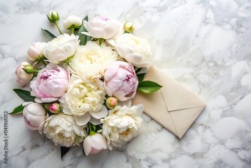 Elegant White Marble Card with Peonies Bird's Eye View - Luxury Wedding Invitation Design photo