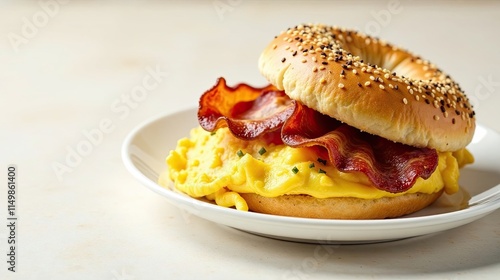 A savory breakfast bagel sandwich featuring crispy bacon and fluffy scrambled eggs