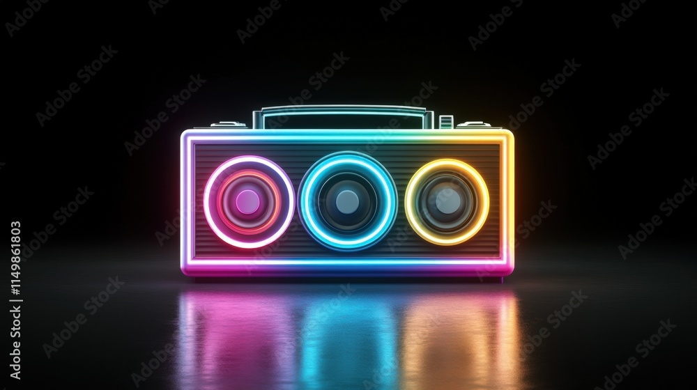 Colorful neon boombox with glowing lights on a reflective black surface, retro music concept, AI Colorful neon boombox with glowing lights on a reflective black surface, retro music concept, AI