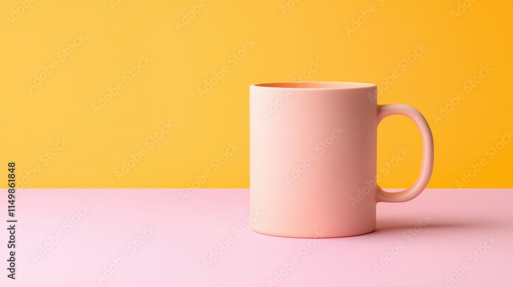 pastel pink mug on pink surface against vibrant yellow background, creating cheerful and modern aesthetic pastel pink mug on pink surface against vibrant yellow background, creating cheerful and modern aesthetic