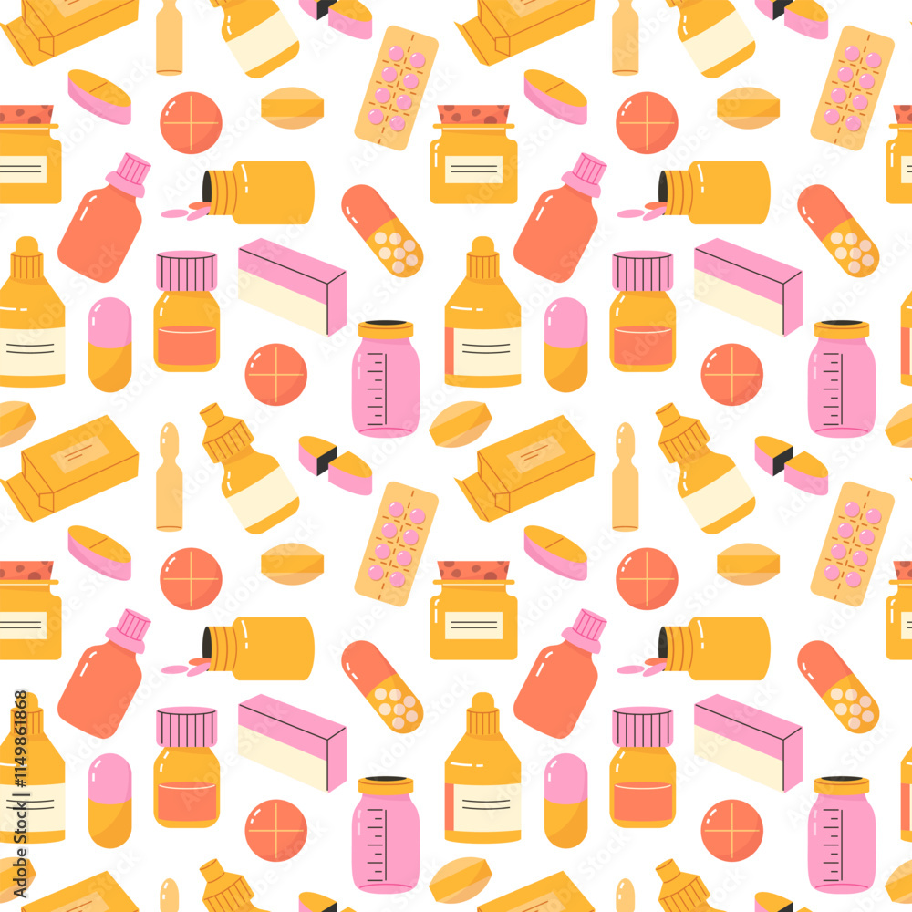 Seamless pattern with tablets, powders, suspensions, solutions, drops, ointments