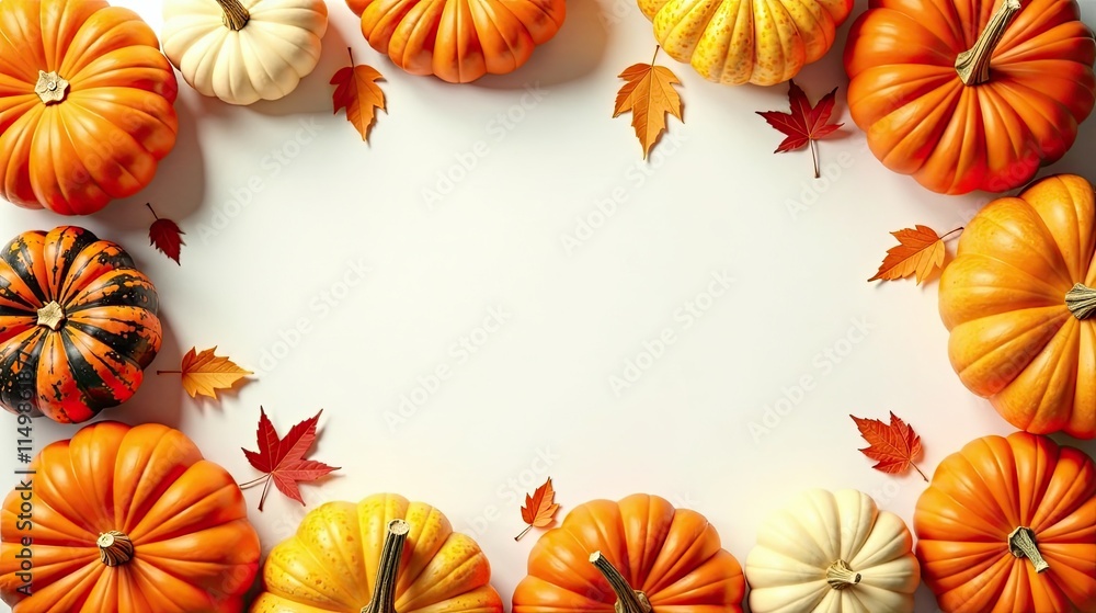 Autumnal Harvest Scene with Pumpkins and Fall Foliage Surrounding a Blank Space Perfect for Text or Design Elements Autumnal Harvest Scene with Pumpkins and Fall Foliage Surrounding a Blank Space Perfect for Text or Design Elements