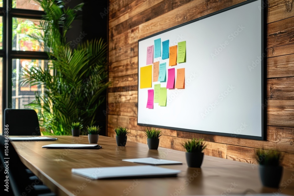 Fototapeta premium Modern meeting room with a whiteboard and colorful sticky notes on a wooden wall.