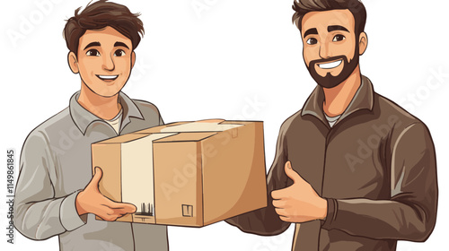 The image shows two smiling men in casual attire handing off a cardboard box. One man is giving the box while the other is receiving it with a thumbs up.  The illustration style is cartoonish and frie