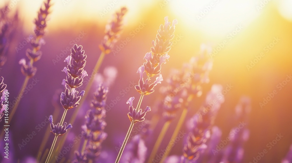 Obraz premium Sunset illuminates vibrant purple lavender flowers in a field.