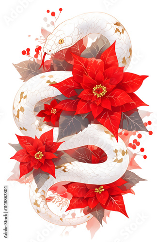 Christmas and Chinese New Year 2025 greting card with snake and poinsettia Christmas star flower. Isolated clip art element for poster, calendar, invitation photo