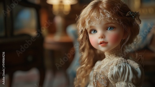 A porcelain doll with blue eyes and rosy cheeks, dressed in a white lace dress, sits in a vintage setting.